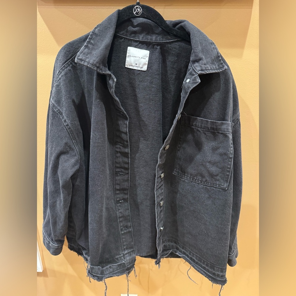 Celebrity Pink: Black Denim Frayed Hem Button-Up Women’s Jacket Size Medium - Picture 3 of 14